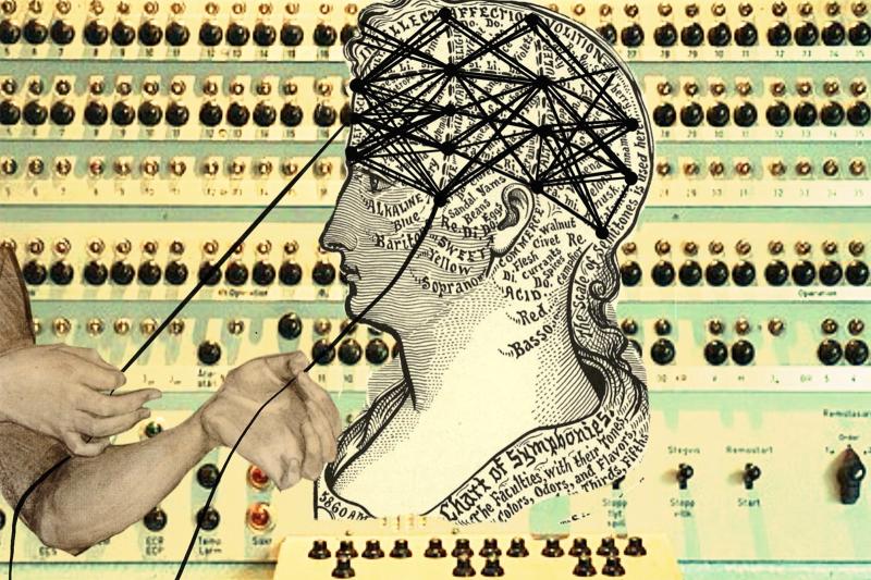 A collage featuring a vintage illustration of a woman’s head mapped with labeled sections resembling a phrenology chart. The mapped sections are overlaid by a neutral network diagram– depicting crisscrossing black lines. Two anonymous hands extend from the left side, pulling on two wires from the diagram.  In the background is a panel of the Turing Machine with numerous knobs and switches, highlighting a connection between the history of computing, psychology, biology, and artificial intelligence.