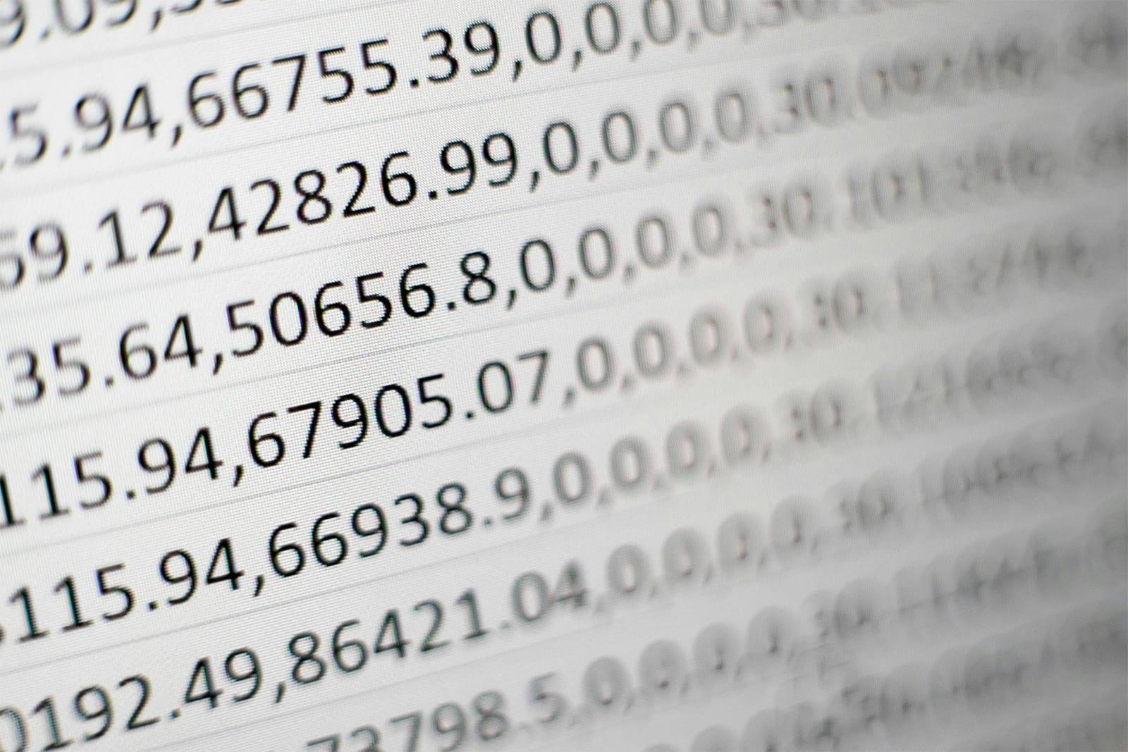 Zoomed-in image of a computer screen displaying with numerical data.