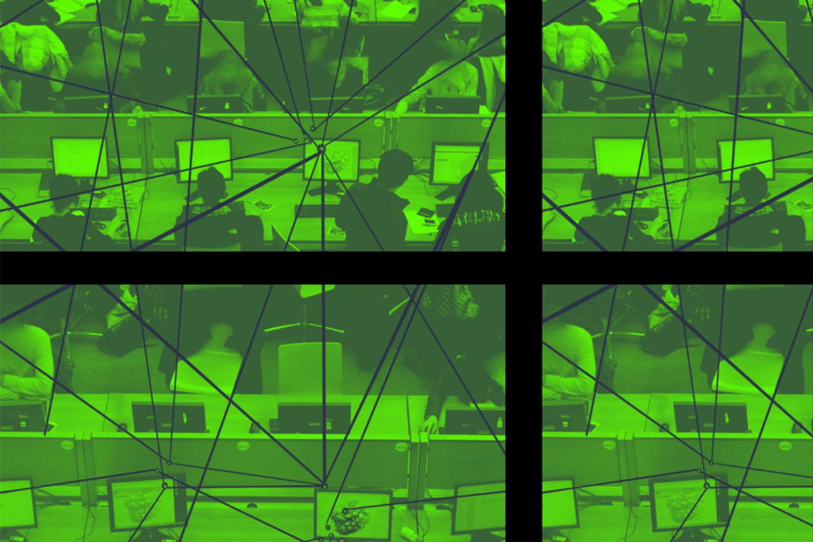 Rows of people sitting behind computer screens behind a green overlay: Hanna Barakat & Cambridge Diversity Fund, https://betterimagesofai.org